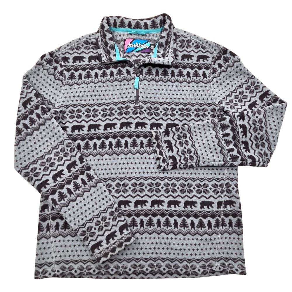 Chubbies Quarter Zip Fleece Pullover Gray Bear Fair Isle Nordic Print Mens Small